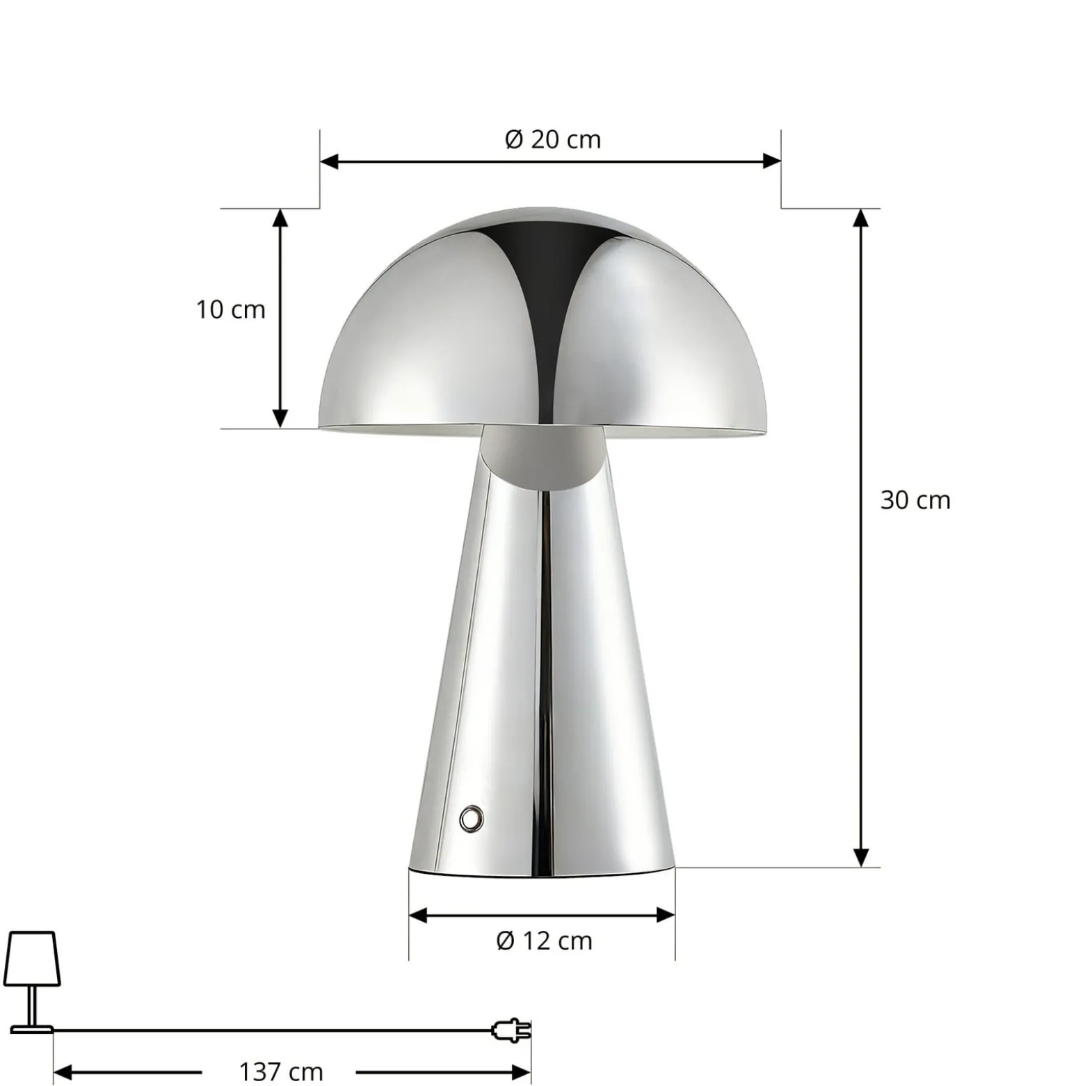 Lindby Nevijo LED-akkukäyttöinen pöytävalaisin, kromi, Ø20 cm, USB, himmennin