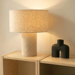 Lindby pöytävalaisin Elfie, Ø 35 cm, beige, pellava, E27