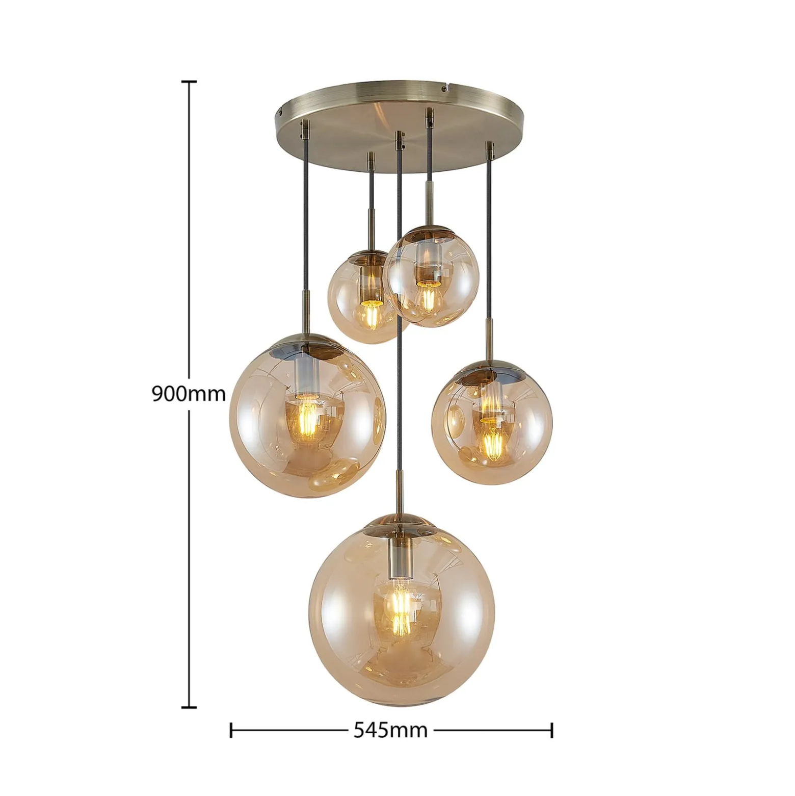 Lindby riippuvalaisin Teeja, meripihkainen, 5-valo, Ø50cm, lasi, E27
