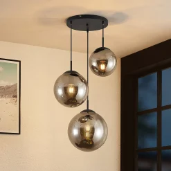 Lindby Riippuvalaisin Teeja, savu, 3-valo, Ø52cm, lasi, E27