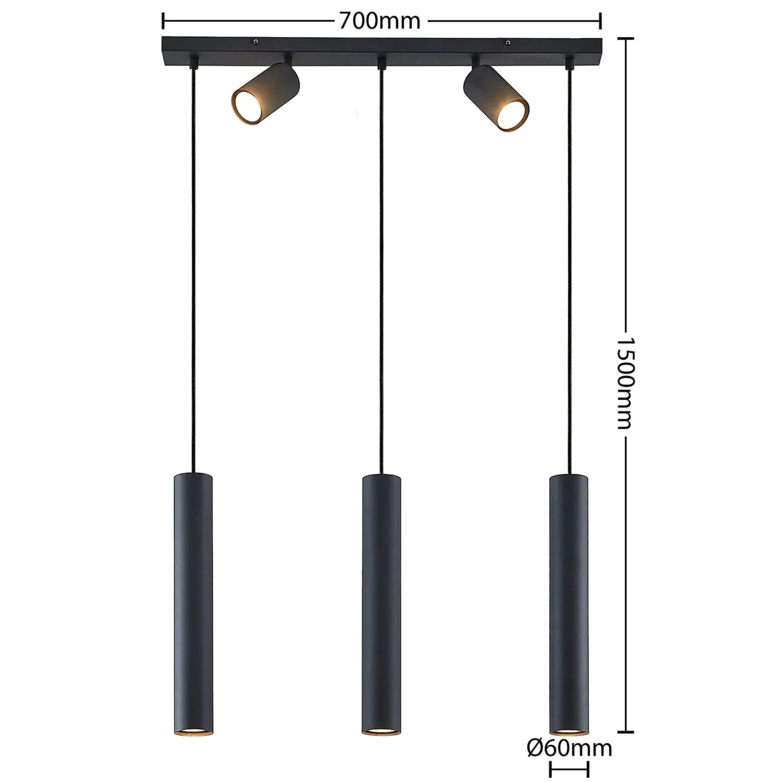 Lindby Sanad riippuvalaisin, 70 cm, 5-lamppuinen, musta, GU10