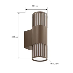 Lindby ulkoseinävalaisin Lurinda, 2-lamppuinen, ruskea, Ø10 cm, IP44
