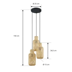 Lindby Venora riipusvalaisin, pyöreä, 3-valo, Ø 15 cm, bambu