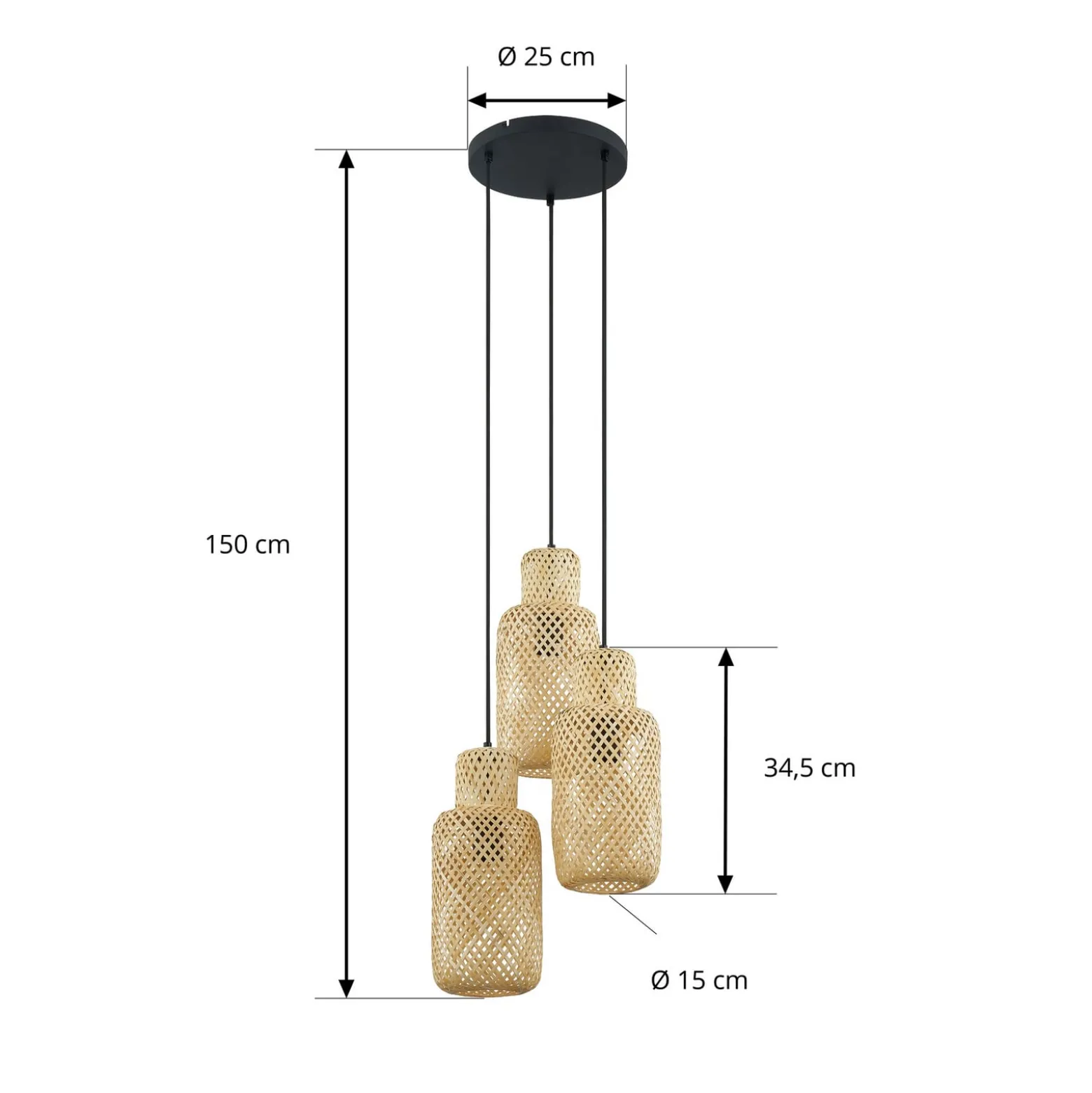 Lindby Venora riipusvalaisin, pyöreä, 3-valo, Ø 15 cm, bambu