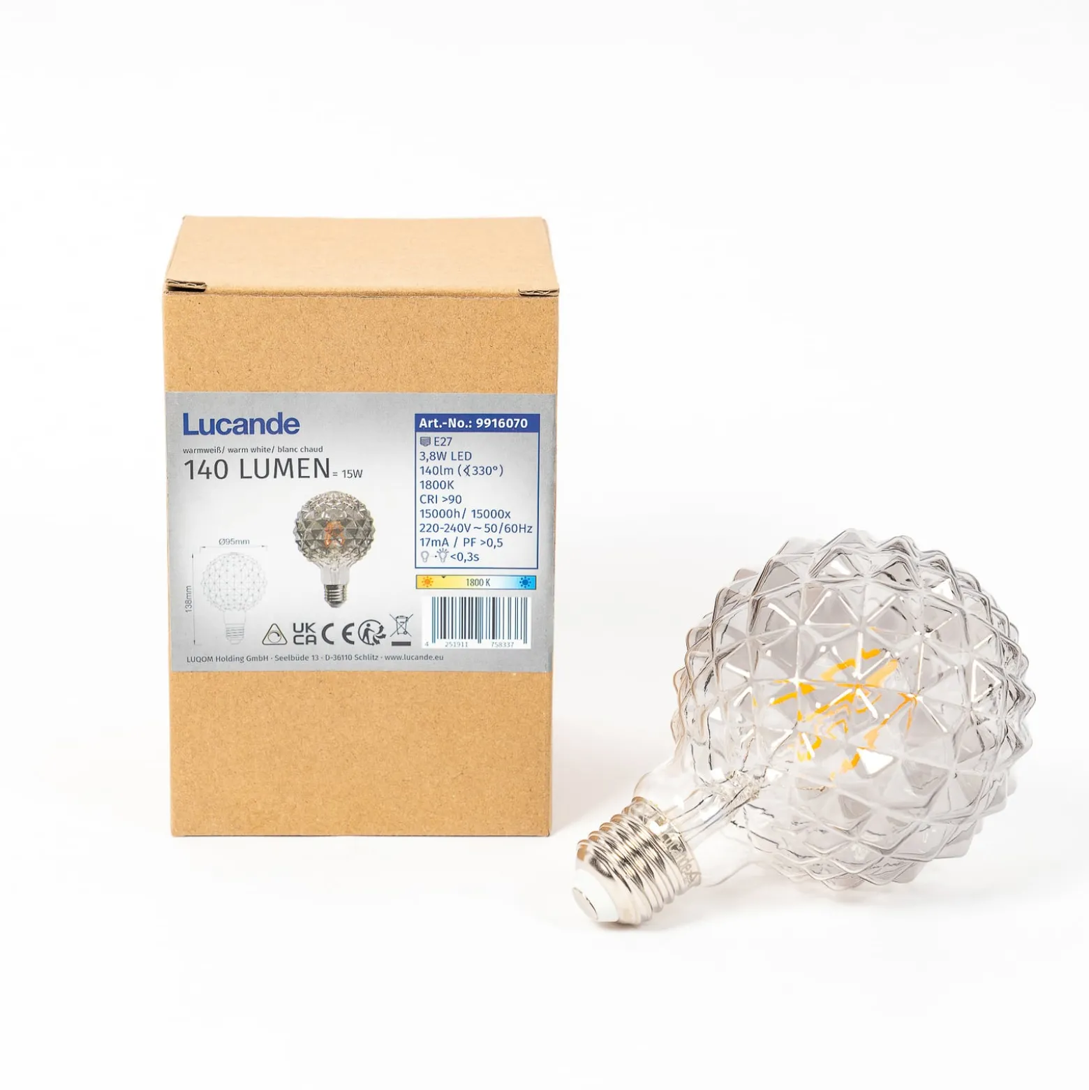 Lucande LED-globe-lamppu G95, E27 3,8 W, 1800 K, rakenne, savu