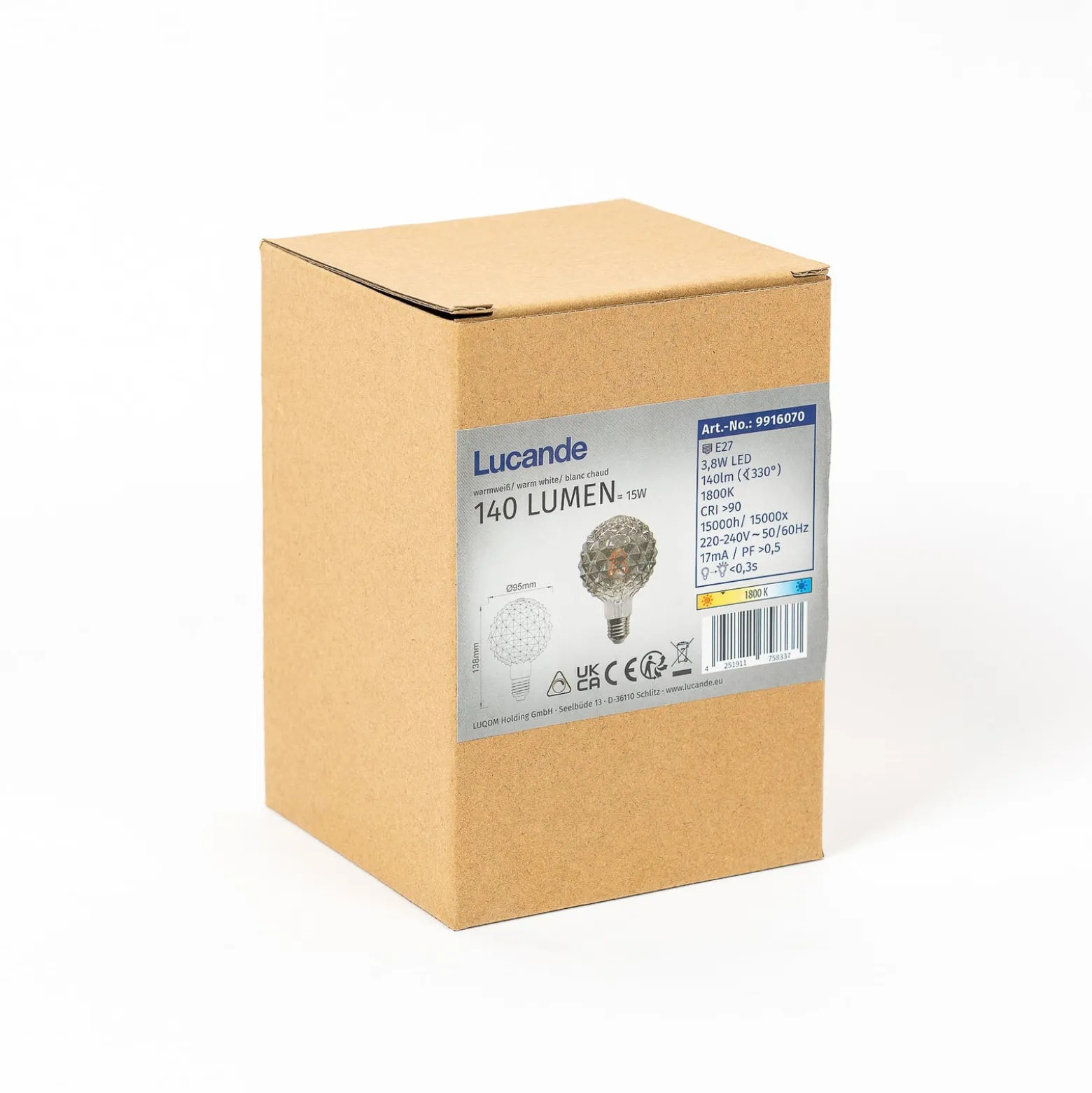 Lucande LED-globe-lamppu G95, E27 3,8 W, 1800 K, rakenne, savu
