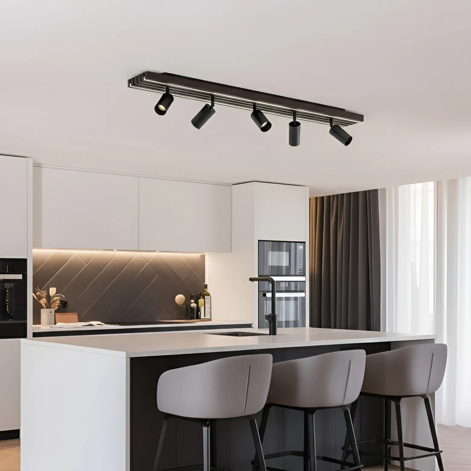 Lucande LED-kattokohdevalo Tiron, 5-lamppuinen, 100 cm, tammi