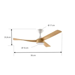 Lucande LED-kattotuuletin Airona, valkoinen/puu, DC, hiljainen, himmennettävä