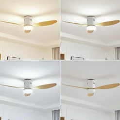 Lucande LED-kattotuuletin Kayu, valkoinen/puu, DC, 132 cm