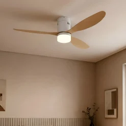 Lucande LED-kattotuuletin Kayu, valkoinen/puu, DC, 132 cm