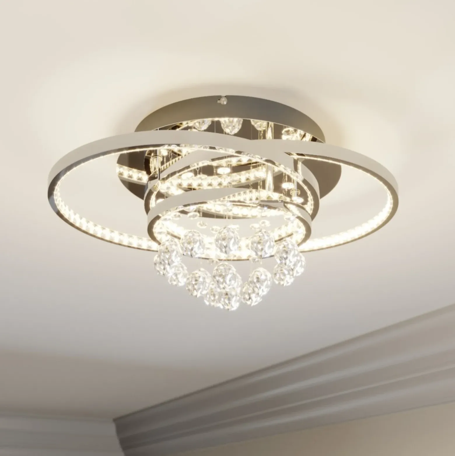 Lucande LED-kattovalaisin Keely, kromivärinen, kristalli, 45 cm