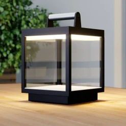 Lucande LED ladattava pöytävalaisin Cube, alumiini, IP54, himmennettävä