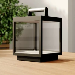 Lucande LED ladattava pöytävalaisin Cube, alumiini, IP54, himmennettävä