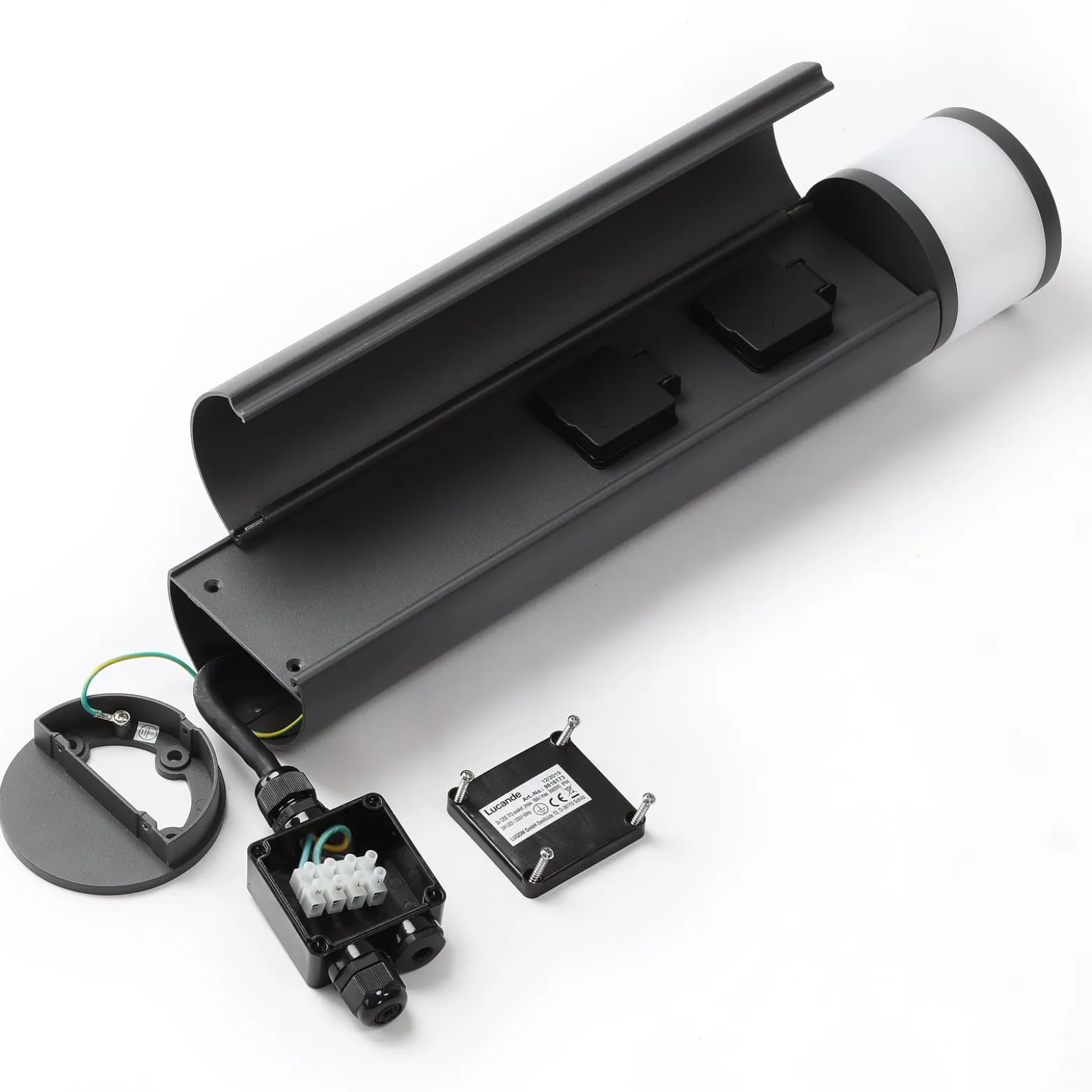 Lucande LED-pollarilamppu Corban, harmaa, ovi, pistorasiat, IP44