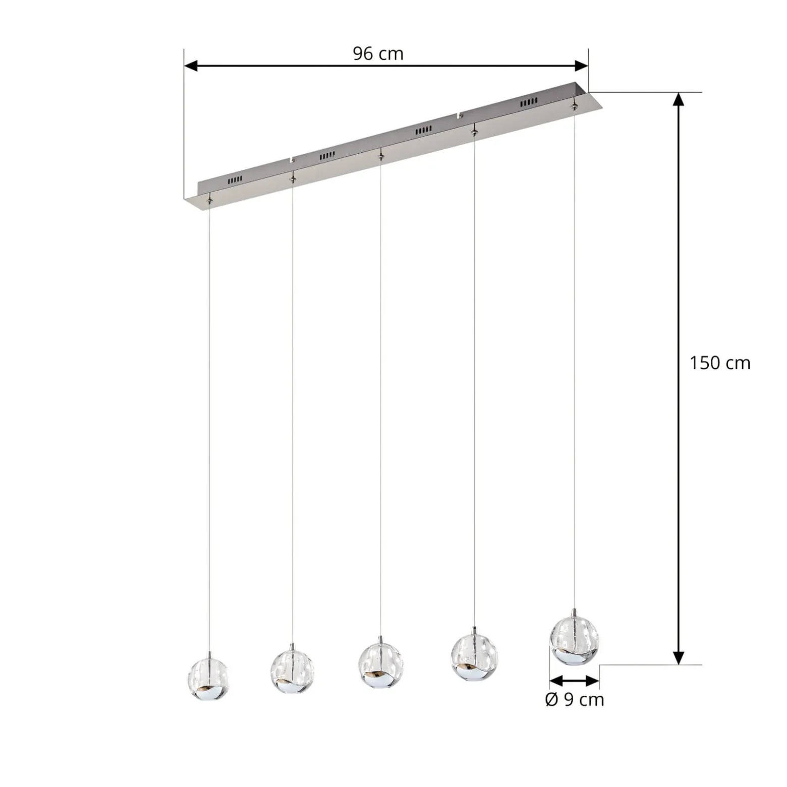 Lucande LED-riippuvalaisin Hayley, 96 cm, 5-valo, kromi, lasi