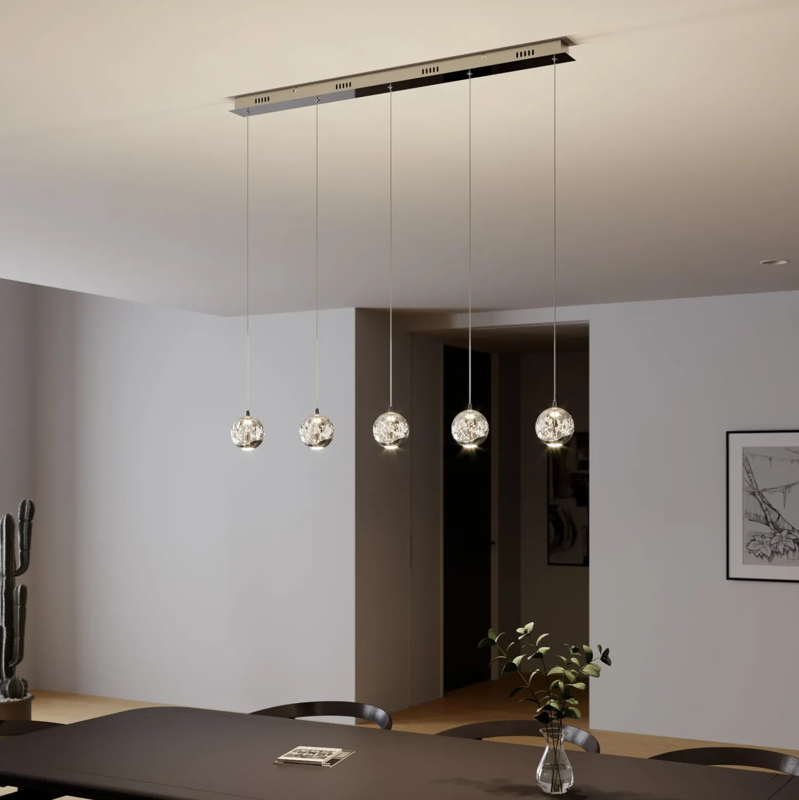 Lucande LED-riippuvalaisin Hayley, 96 cm, 5-valo, kromi, lasi