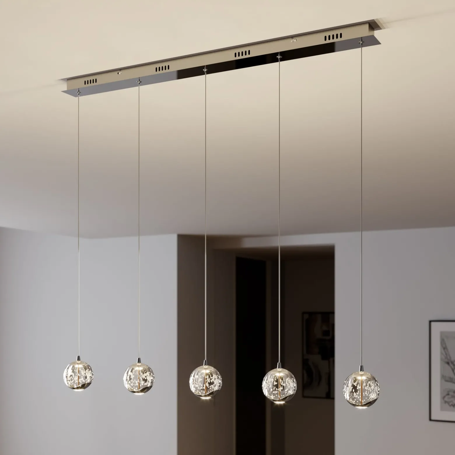 Lucande LED-riippuvalaisin Hayley, 96 cm, 5-valo, kromi, lasi