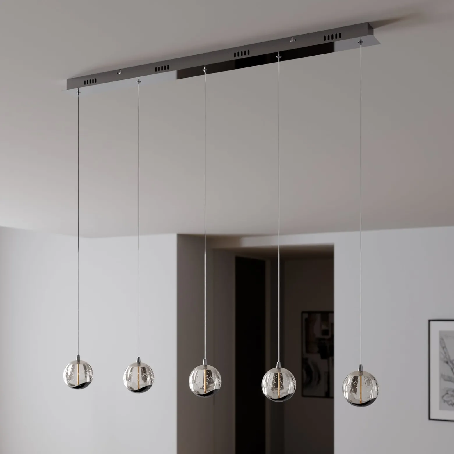 Lucande LED-riippuvalaisin Hayley, 96 cm, 5-valo, kromi, lasi