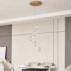 Lucande LED-riippuvalaisin Ismenia, 5-valo, messinki, akryyli