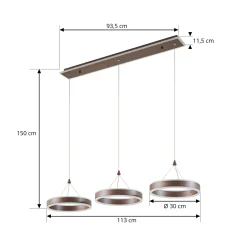 Lucande LED-riippuvalaisin Kolo, 114 cm, 3-lamppuinen, ruskea, himmennettävä