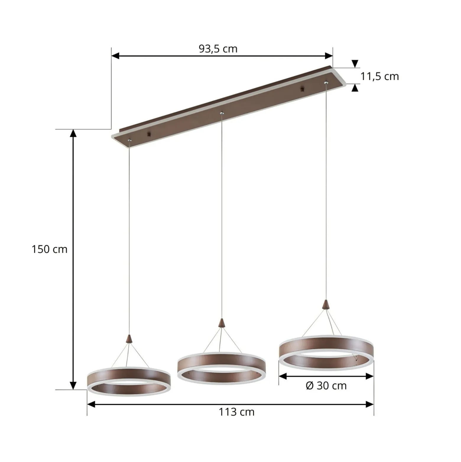 Lucande LED-riippuvalaisin Kolo, 114 cm, 3-lamppuinen, ruskea, himmennettävä