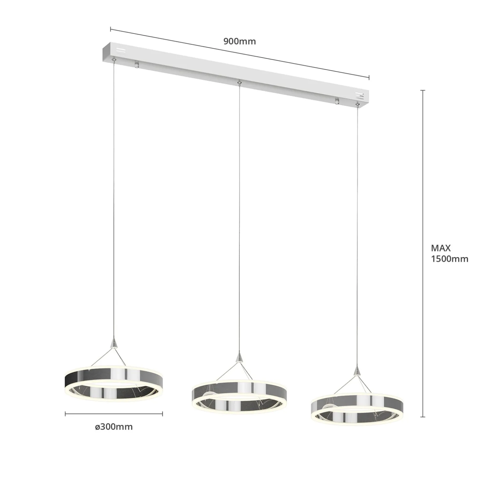 Lucande LED-riippuvalaisin Lyani, 115cm, 3-valo, kromi, himmennettävä