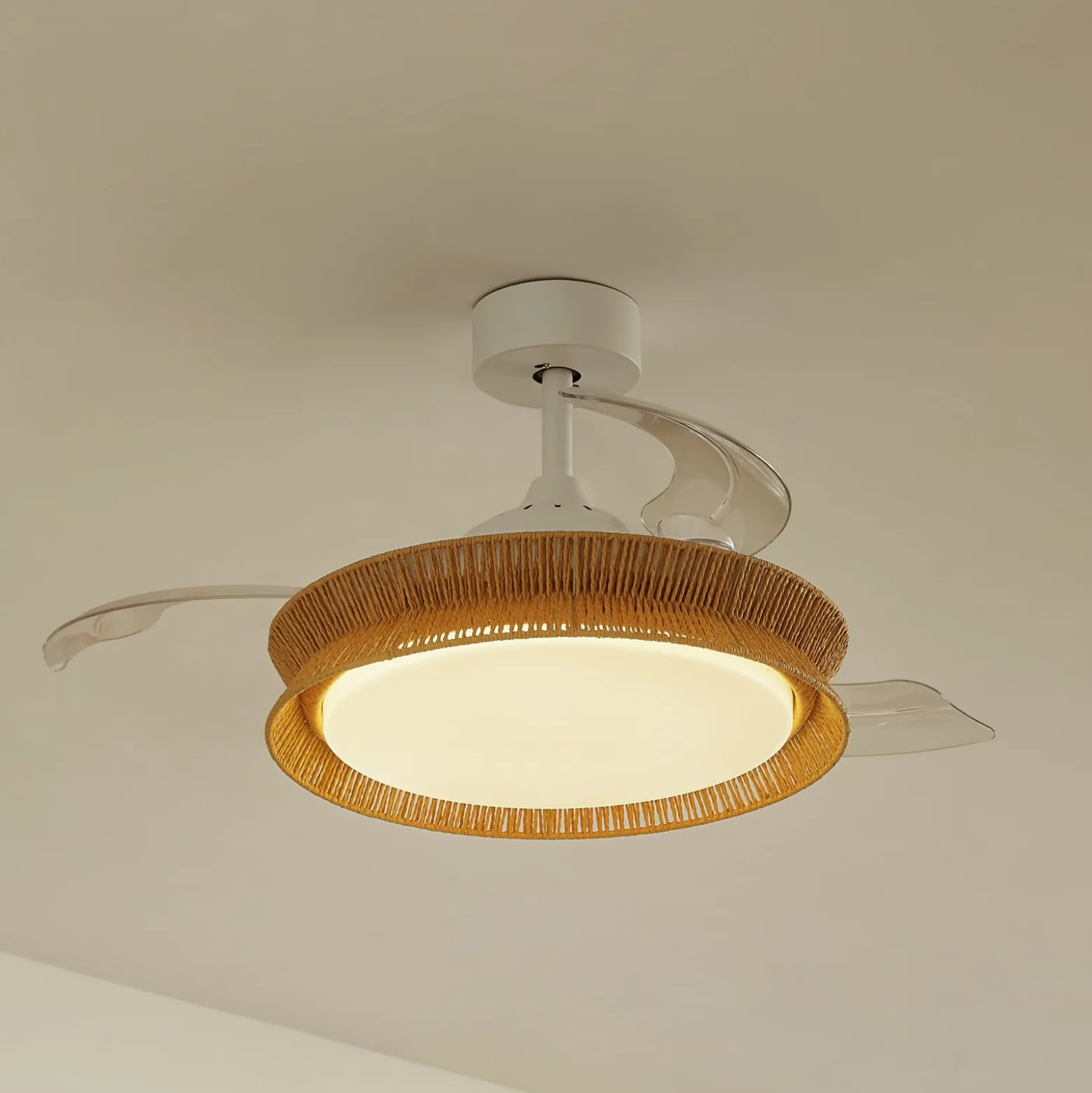 Lucande LED-tuuletin Lineta, valkoinen, köysi, Ø 103 cm, hiljainen