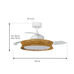 Lucande LED-tuuletin Lineta, valkoinen, köysi, Ø 103 cm, hiljainen