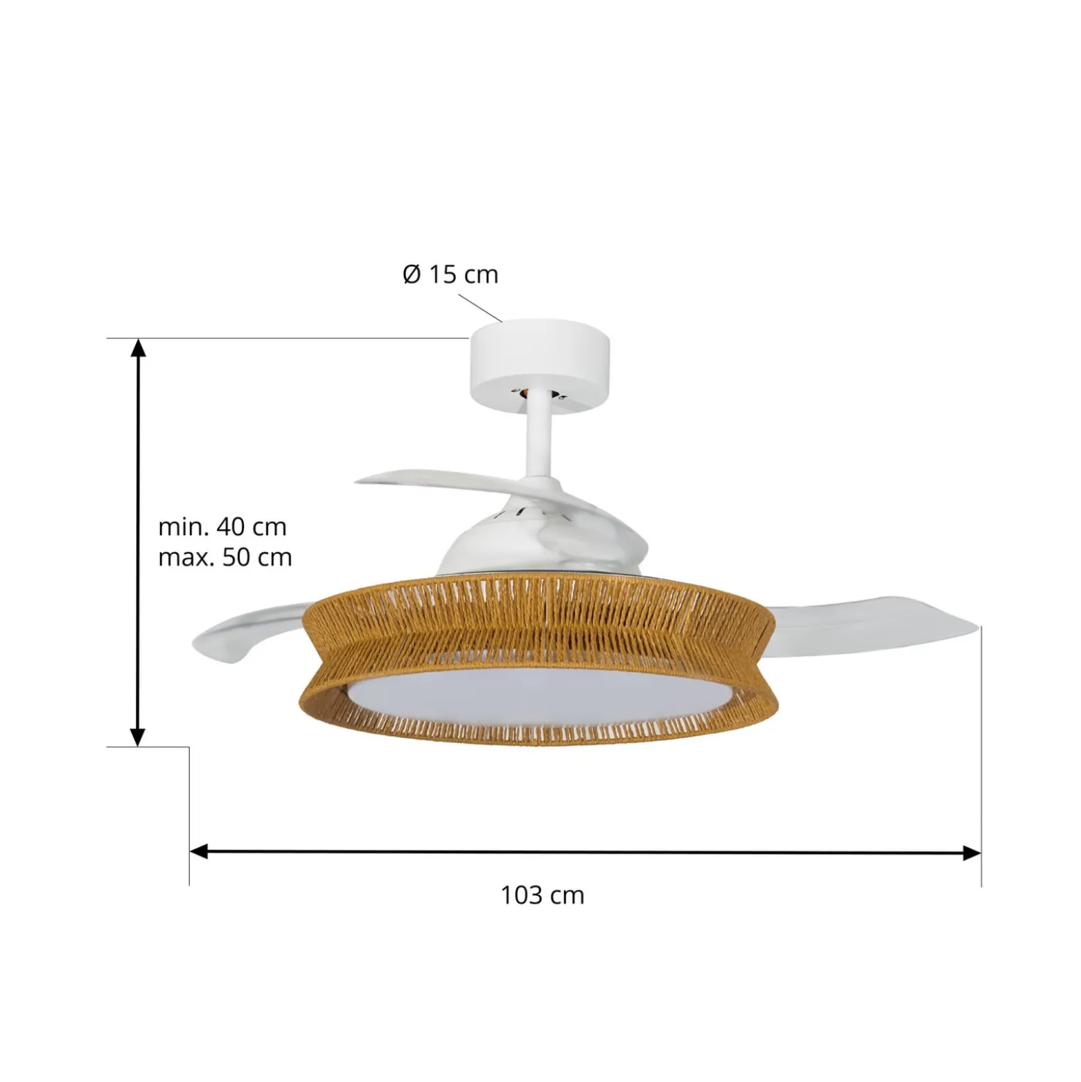 Lucande LED-tuuletin Lineta, valkoinen, köysi, Ø 103 cm, hiljainen