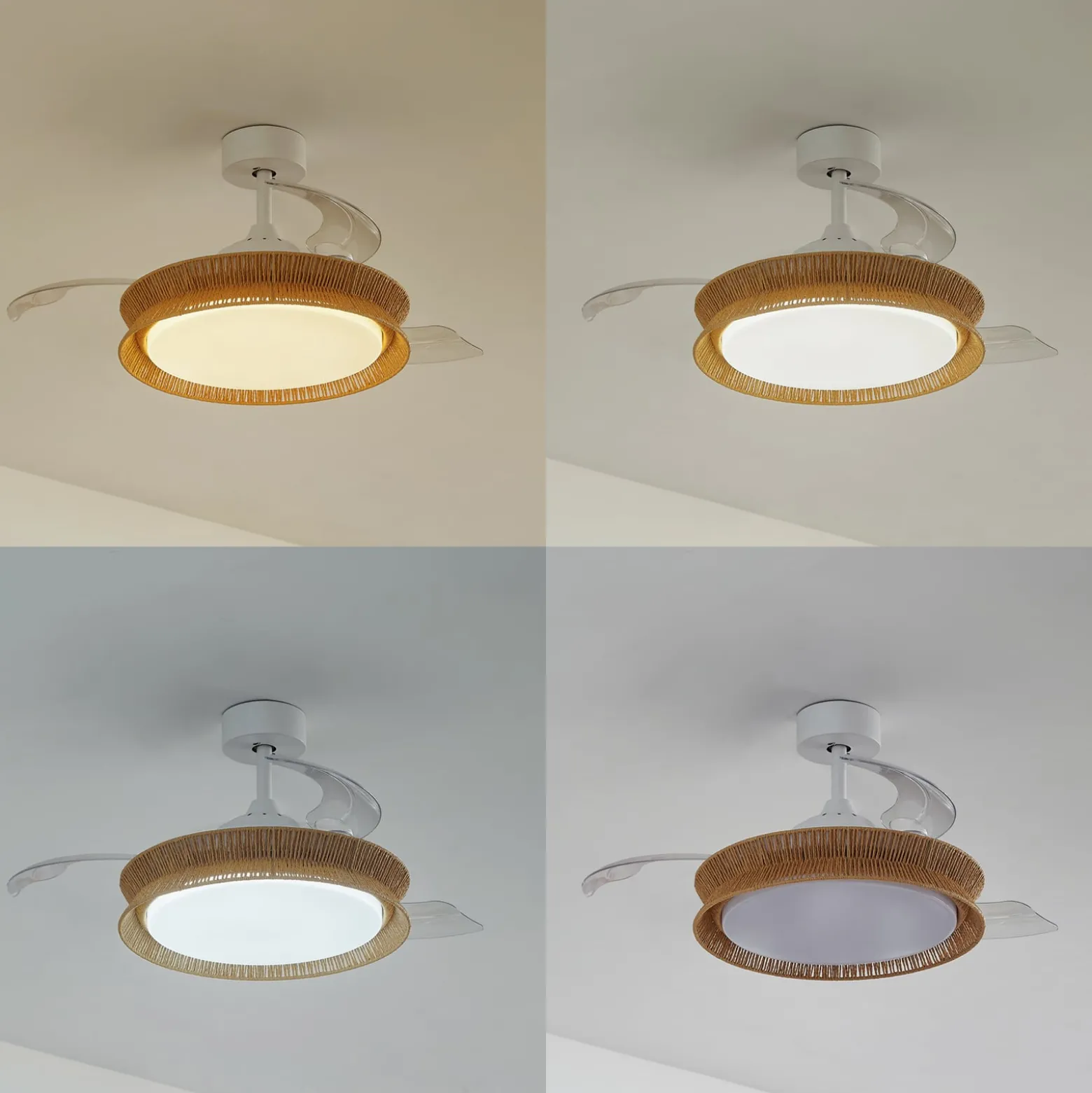 Lucande LED-tuuletin Lineta, valkoinen, köysi, Ø 103 cm, hiljainen