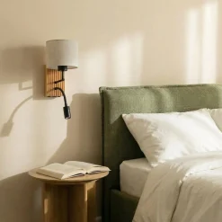 Lucande Lieske -seinälamppu, beige, tekstiili, E27, LED-lukuvalo