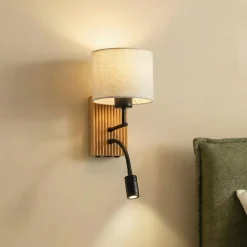 Lucande Lieske -seinälamppu, beige, tekstiili, E27, LED-lukuvalo