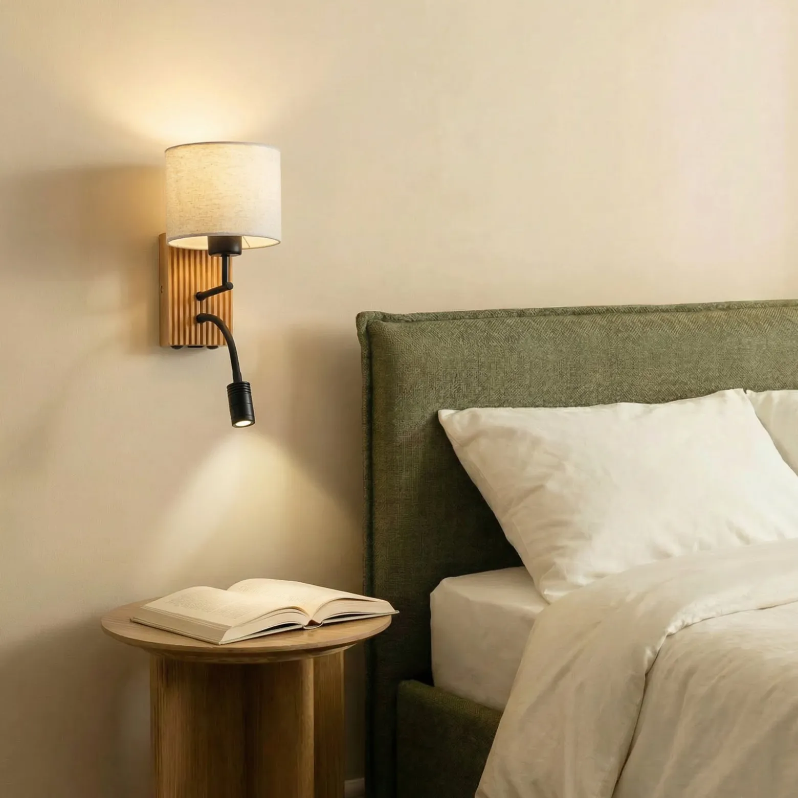 Lucande Lieske -seinälamppu, beige, tekstiili, E27, LED-lukuvalo