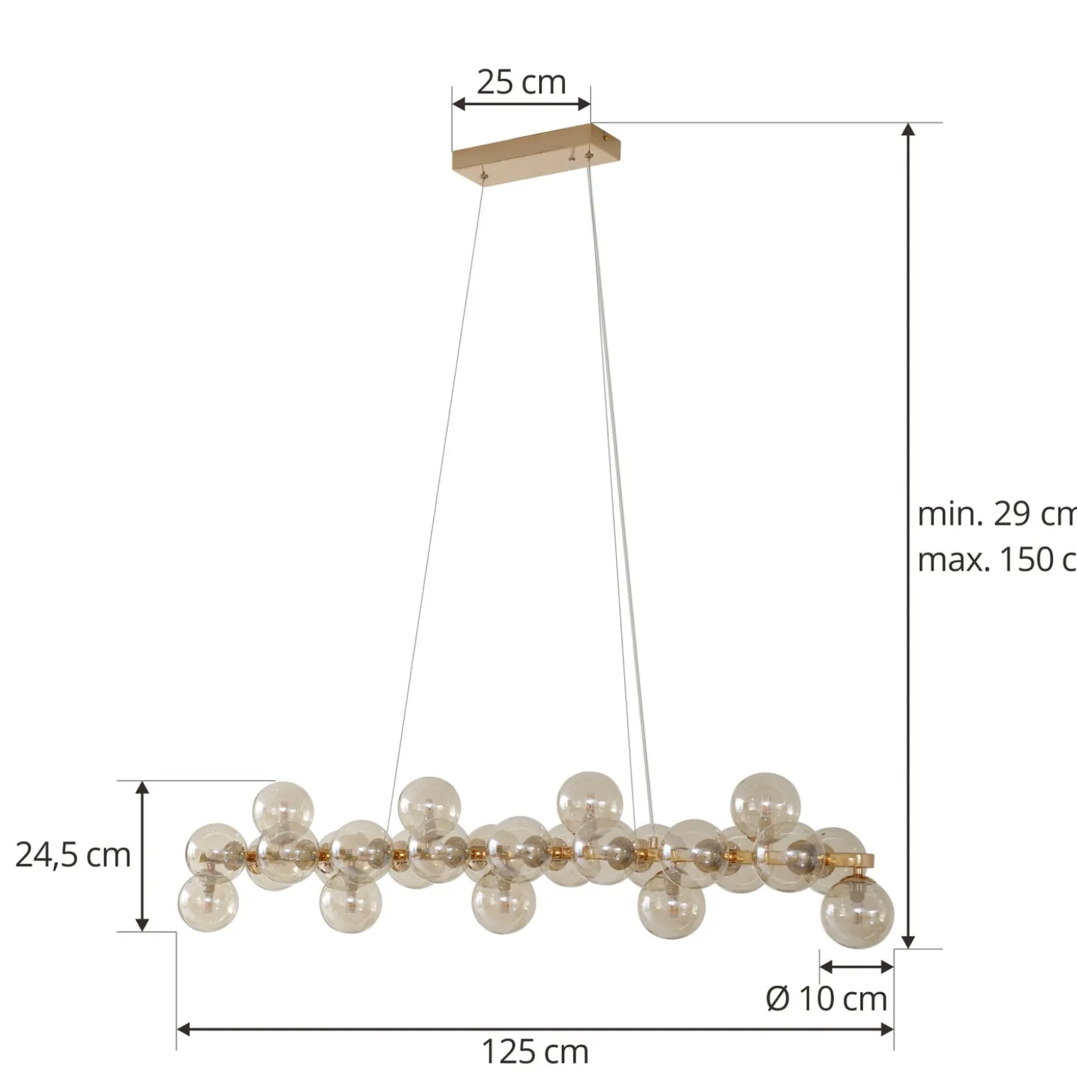 Lucande-riippuvalaisin Naelen, kulta/amber, 125 cm, lasi, G9