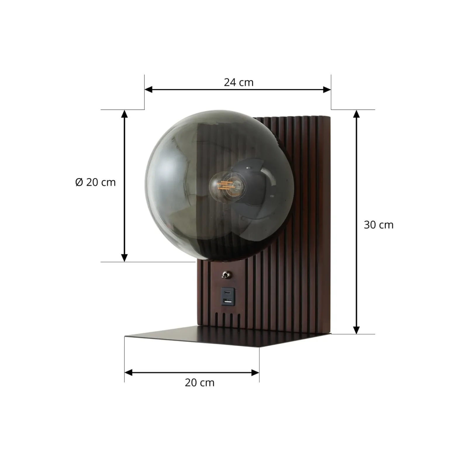 Lucande seinävalaisin Veloura, korkeus 30 cm, lasi, puu, USB