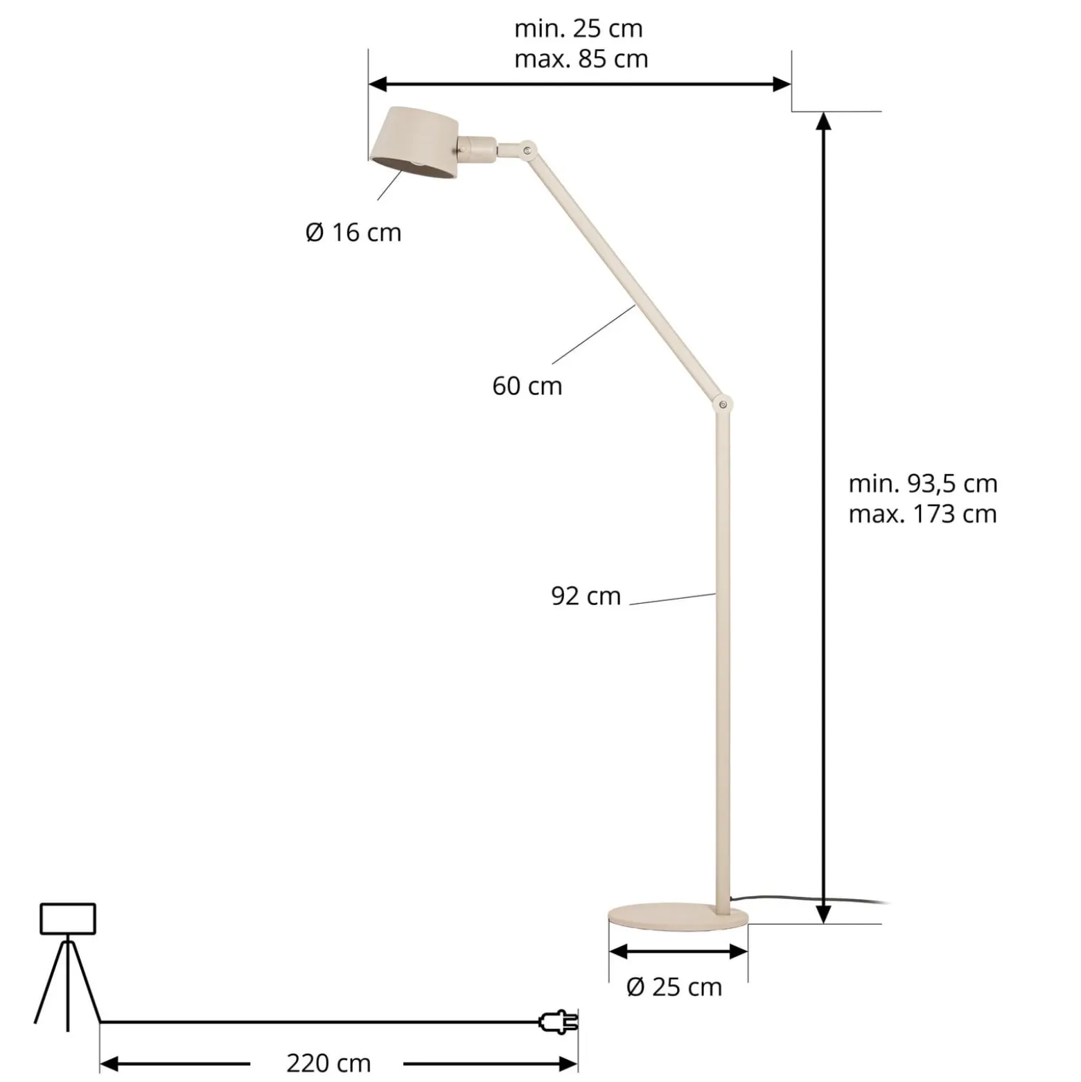 Lucande Silka-lattiavalaisin, 173 cm, beige, säädettävä, E27