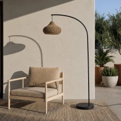 Lucande Taniola -lattiavalaisin ulos, beige, rottinki, 195 cm, IP44