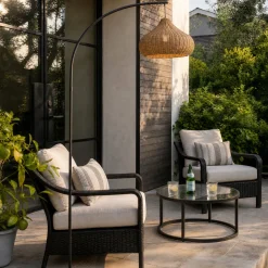Lucande Taniola -lattiavalaisin ulos, beige, rottinki, 195 cm, IP44