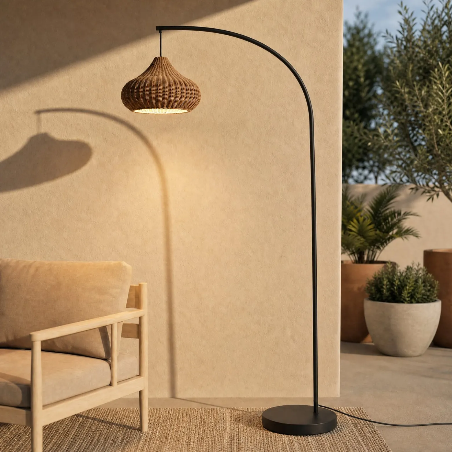 Lucande Taniola -lattiavalaisin ulos, beige, rottinki, 195 cm, IP44