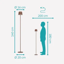 Mannera-L-mallinen LED-akku-terassivalaisin, ruosteenvärinen, korkeus 140 cm