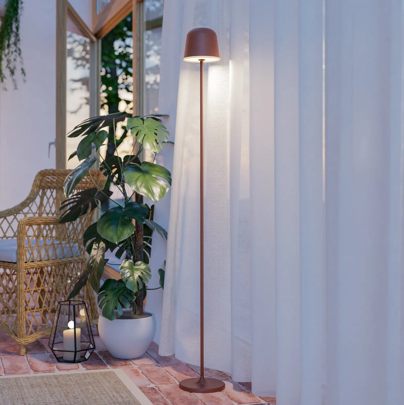Mannera-L-mallinen LED-akku-terassivalaisin, ruosteenvärinen, korkeus 140 cm