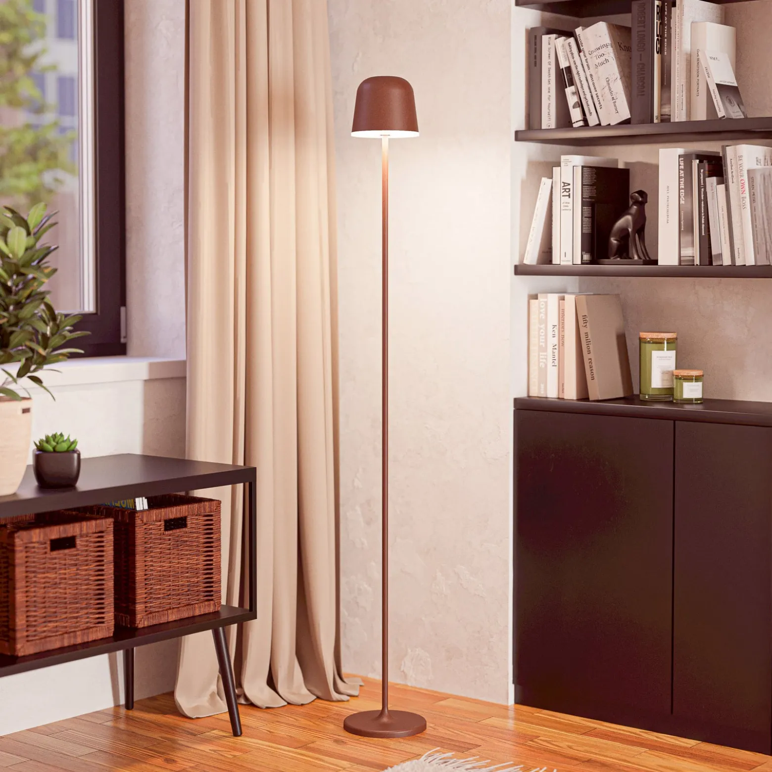 Mannera-L-mallinen LED-akku-terassivalaisin, ruosteenvärinen, korkeus 140 cm