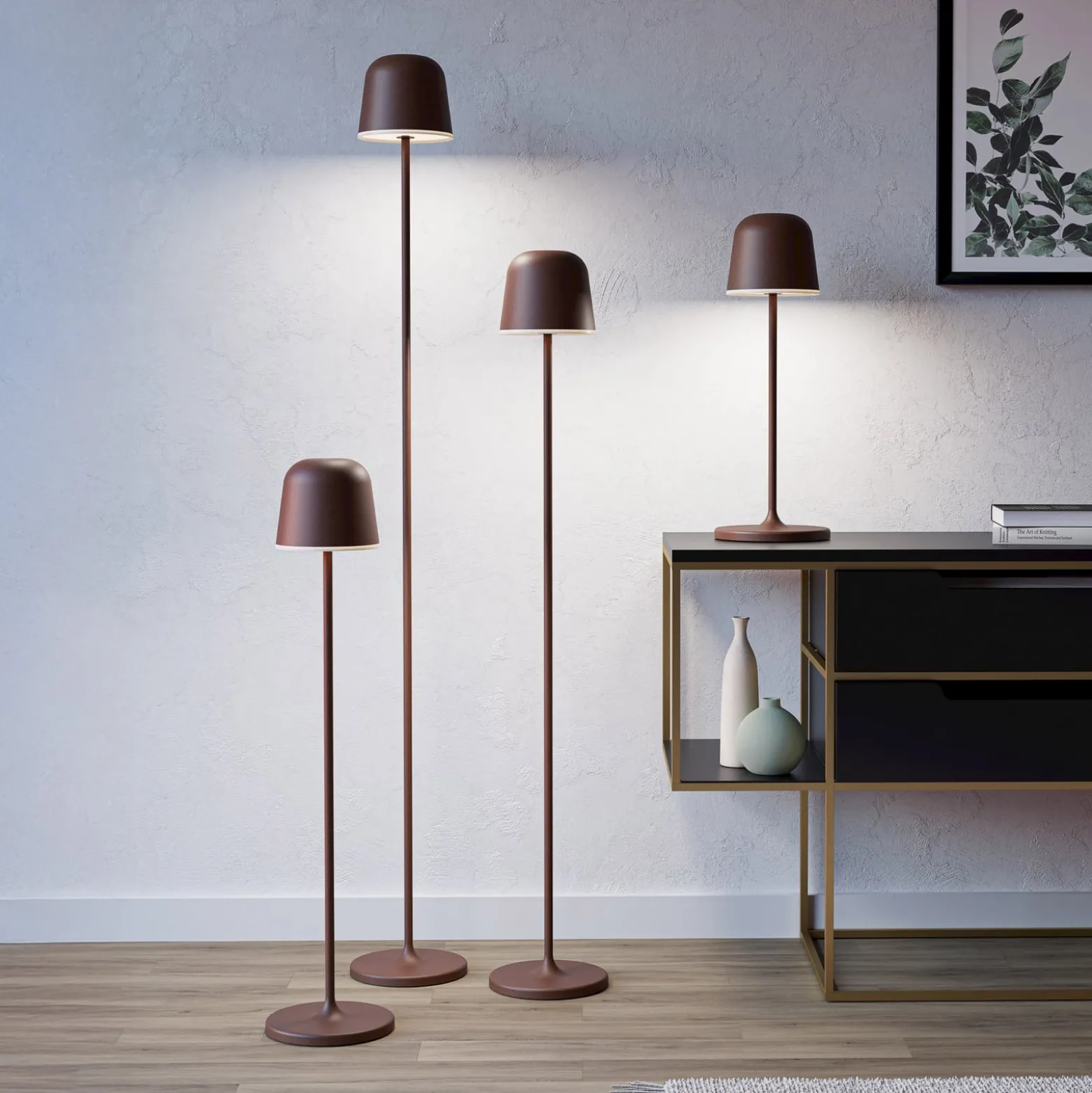 Mannera-L-mallinen LED-akku-terassivalaisin, ruosteenvärinen, korkeus 140 cm