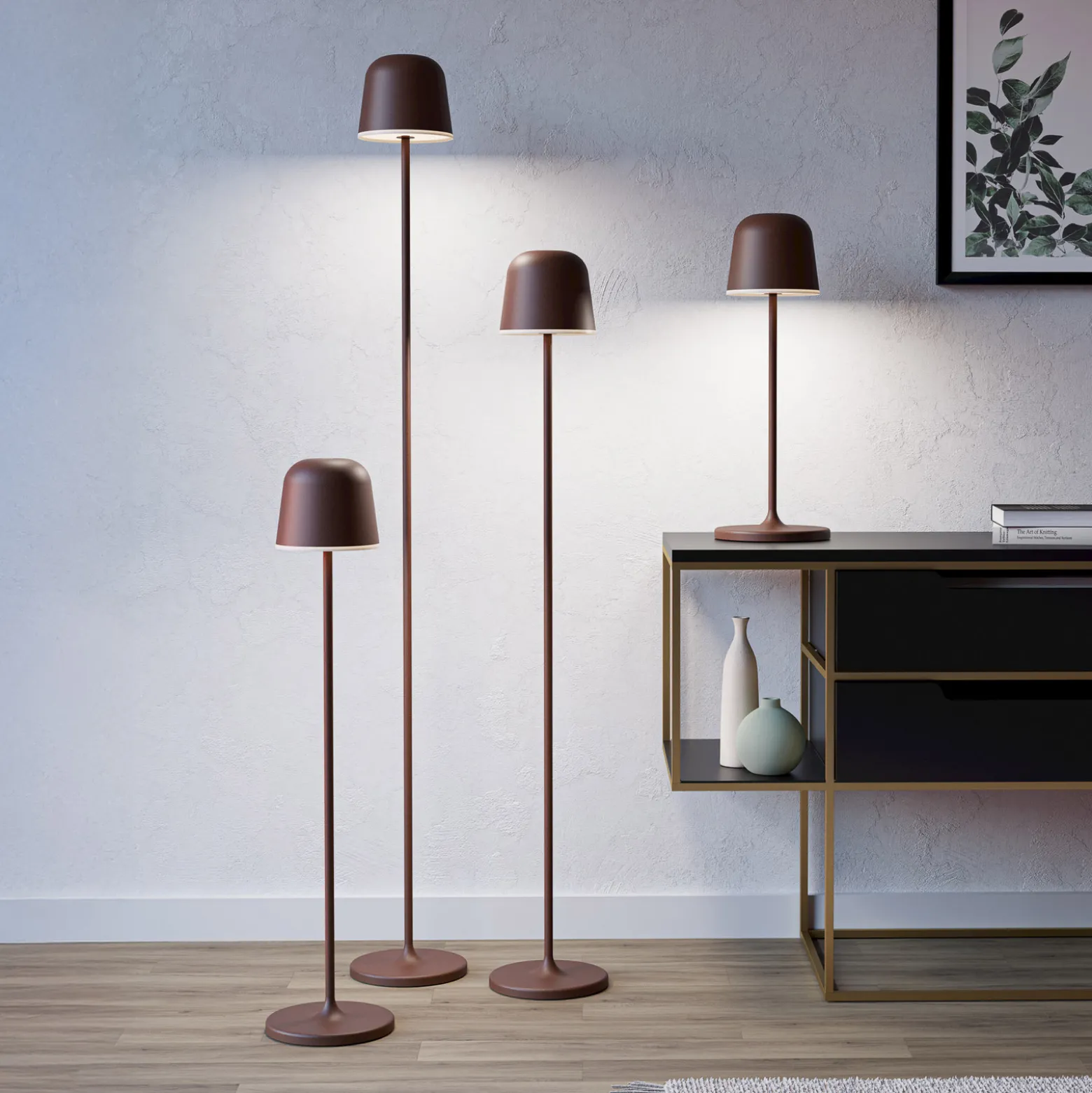 Mannera-L-mallinen LED-akku-terassivalaisin, ruosteenvärinen, korkeus 140 cm