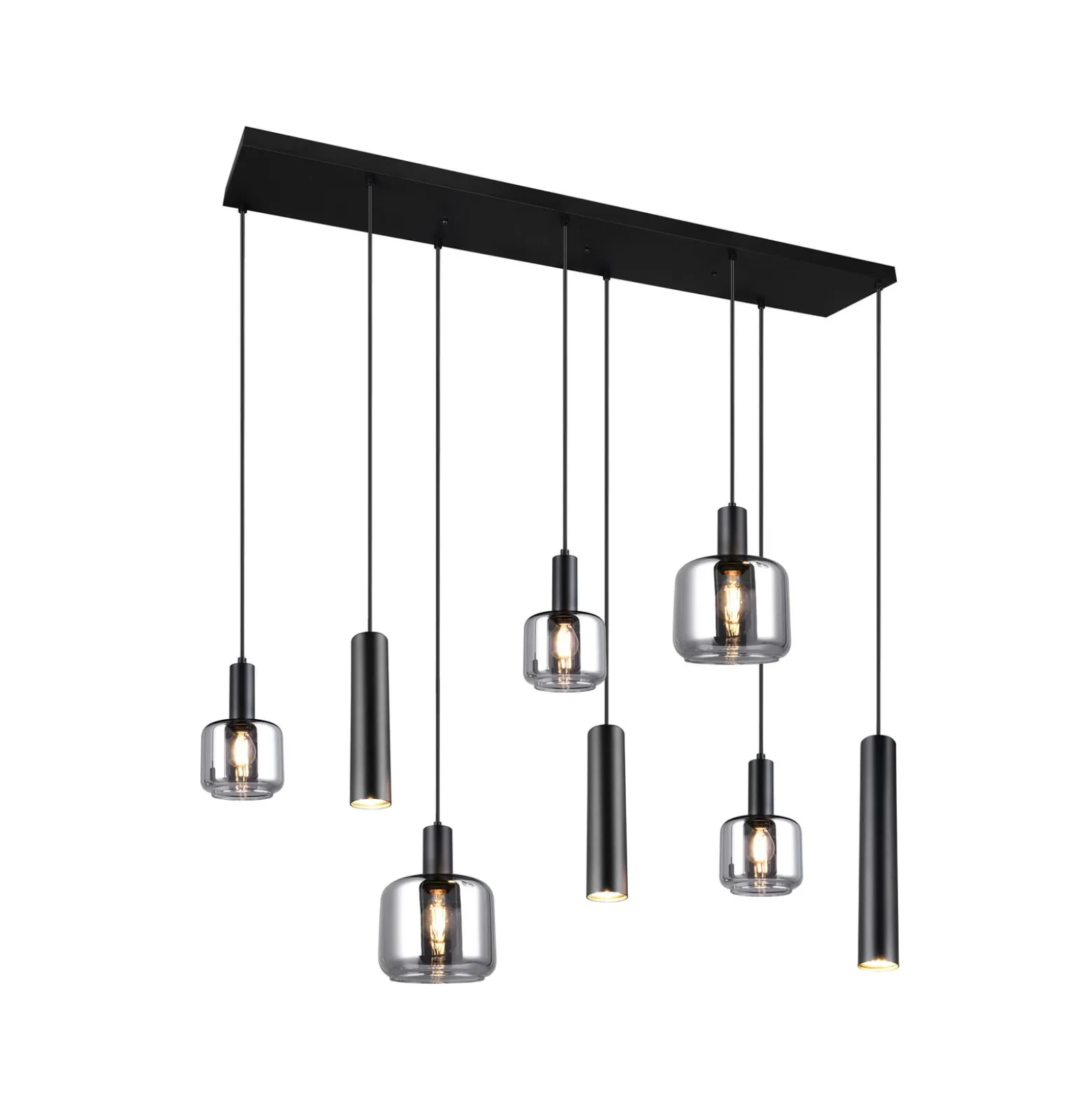 Mataro riippuvalaisin, kromi/musta, 118 cm, 8-lamppuinen lasi/metallia