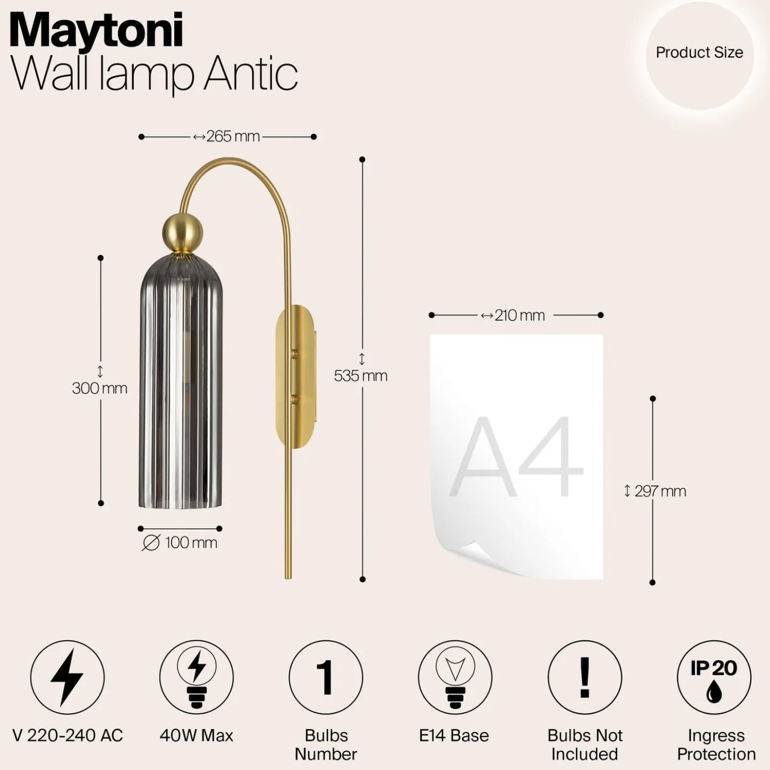 Maytoni Antic -seinälamppu, harmaa lasivarjostin