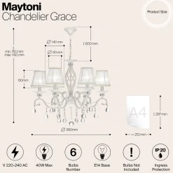 Maytoni Grace kattokruunu, valkoinen, 6-valo, organza, E14