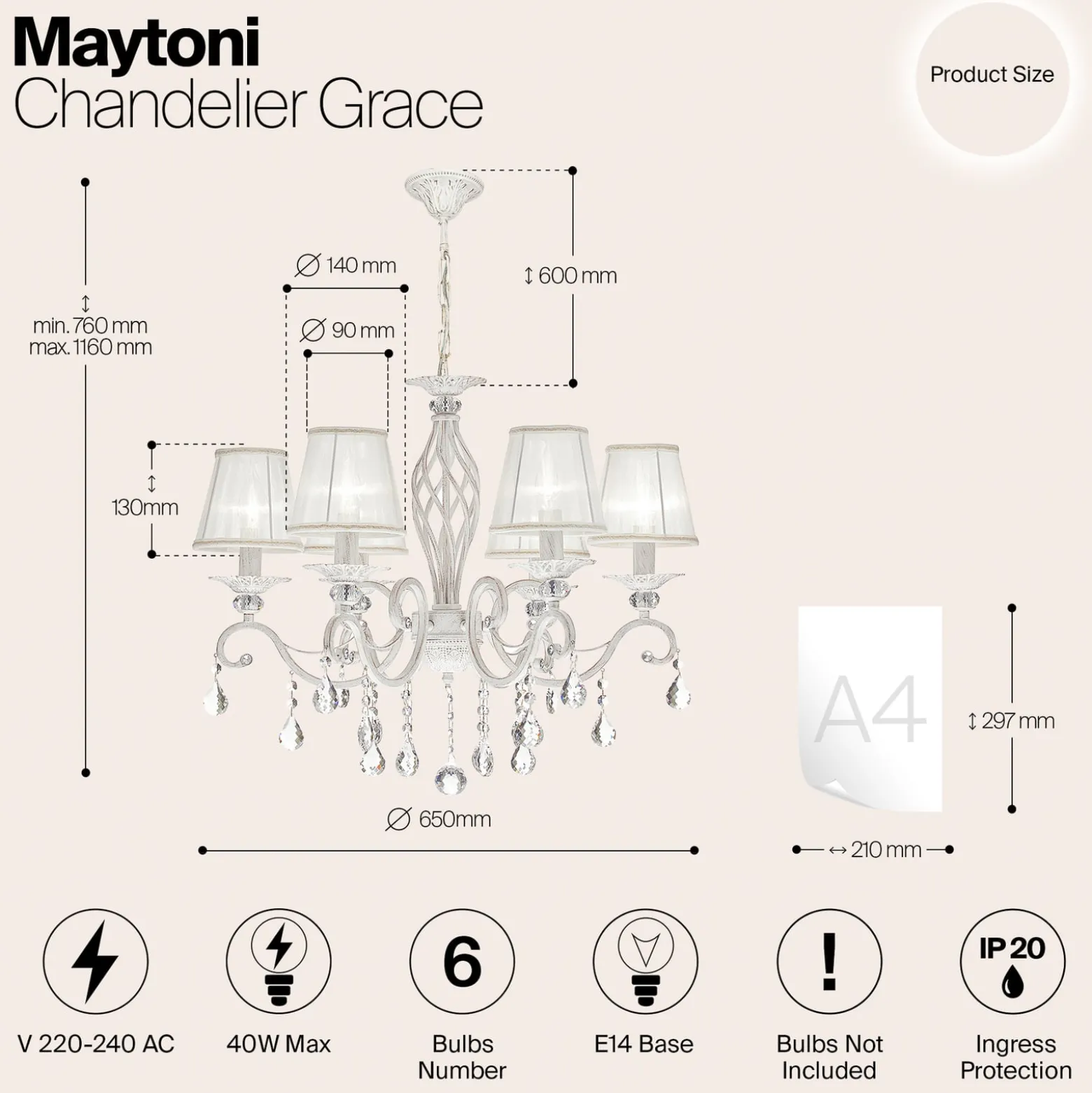 Maytoni Grace kattokruunu, valkoinen, 6-valo, organza, E14