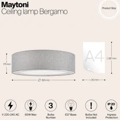 Maytoni kattovalaisin Bergamo, harmaa/valkoinen, pellava, Ø 52 cm