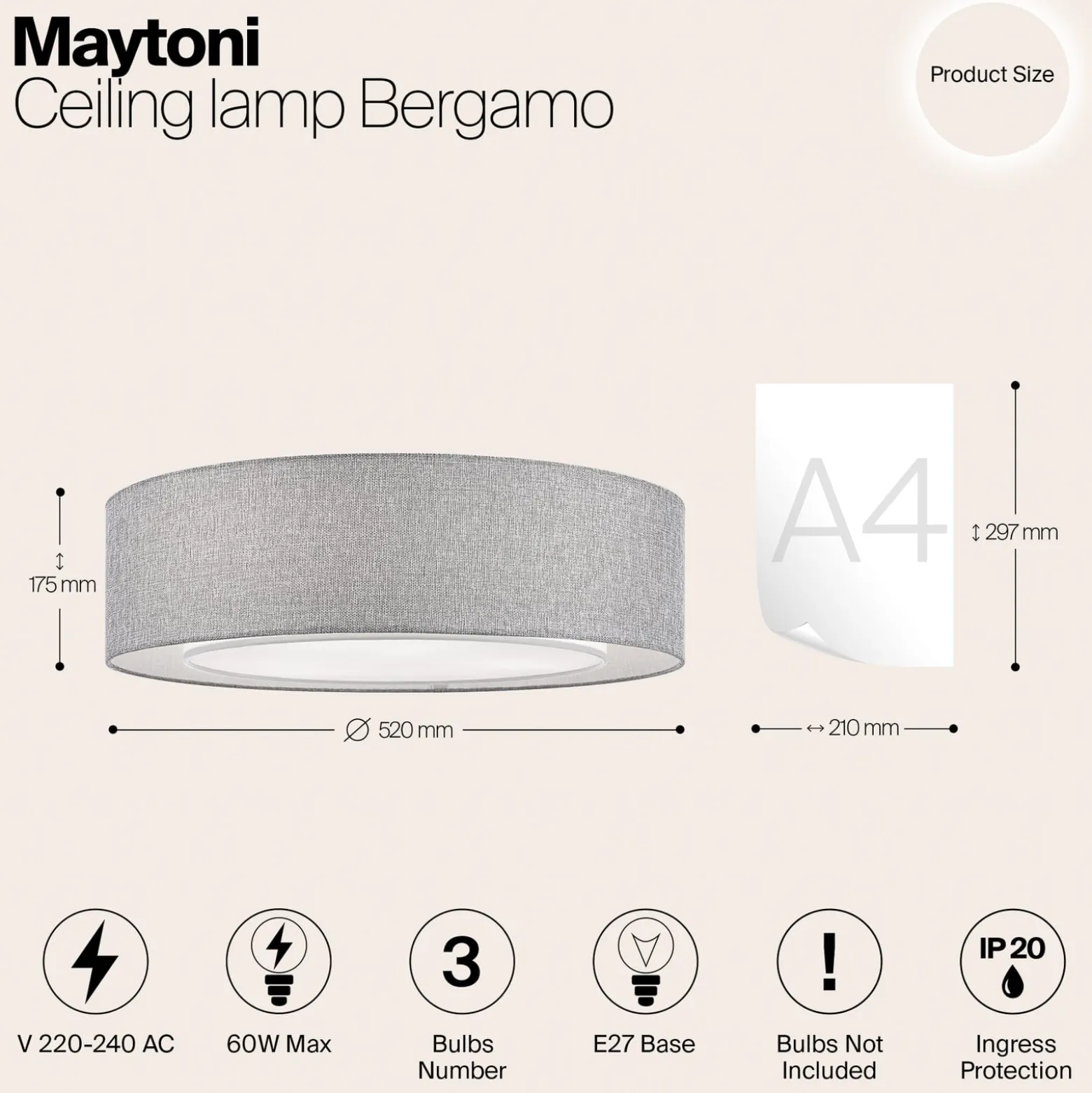 Maytoni kattovalaisin Bergamo, harmaa/valkoinen, pellava, Ø 52 cm